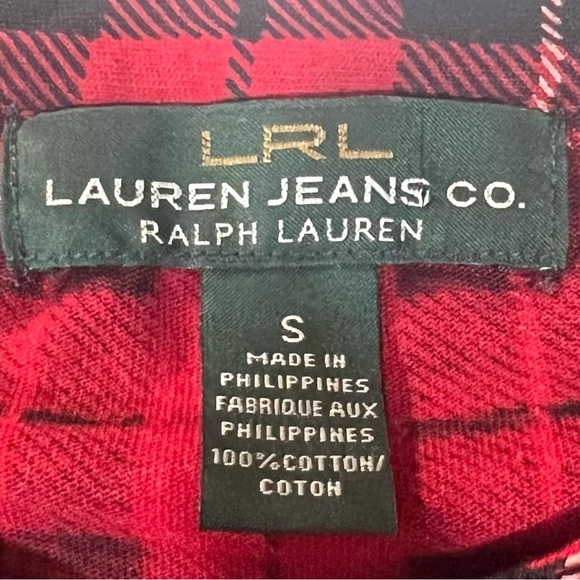 Lauren Ralph Lauren sz S red & black plaid ruffle front long sleeve knit blouse - Picture 11 of 12